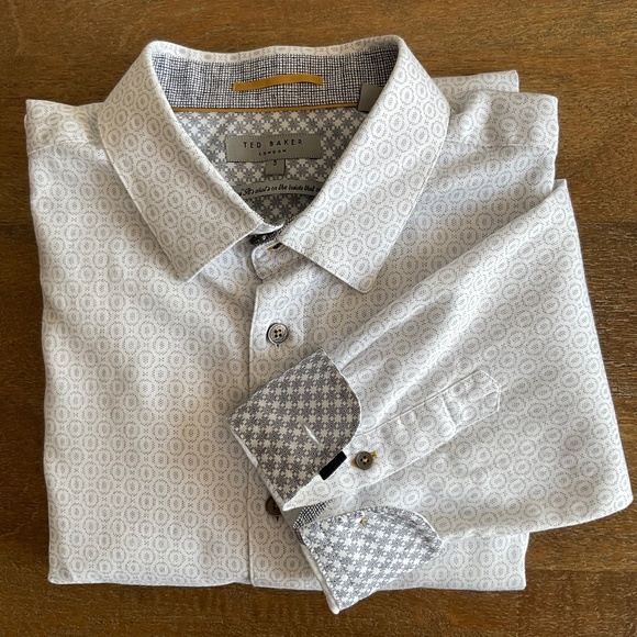 Mens Ted Baker 100% Cotton Contrast Trim White/Gray Button Down SZ 5 EUC - Picture 1 of 8
